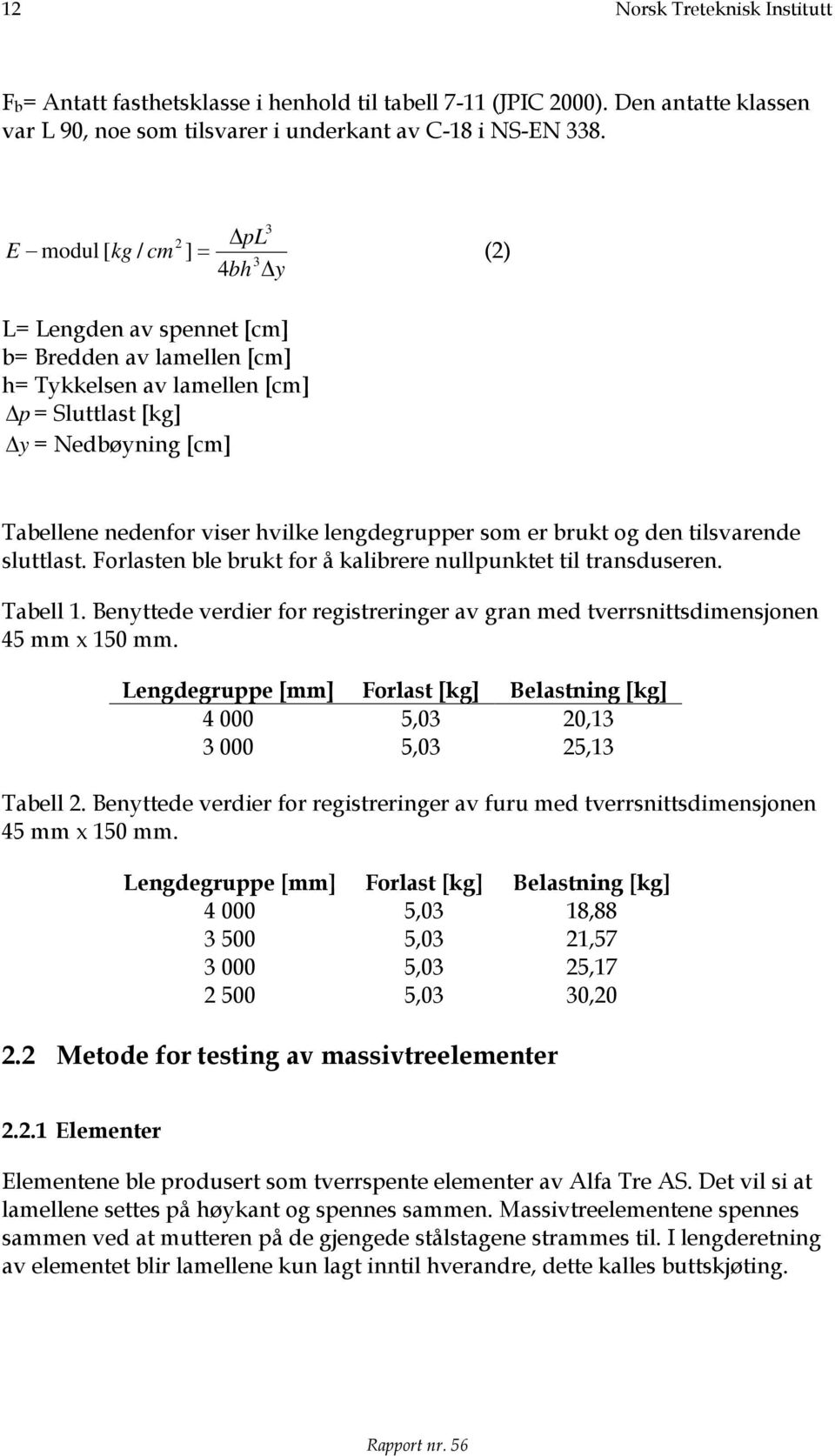 lengdegrupper som er brukt og den tilsvarende sluttlast. Forlasten ble brukt for å kalibrere nullpunktet til transduseren. Tabell 1.