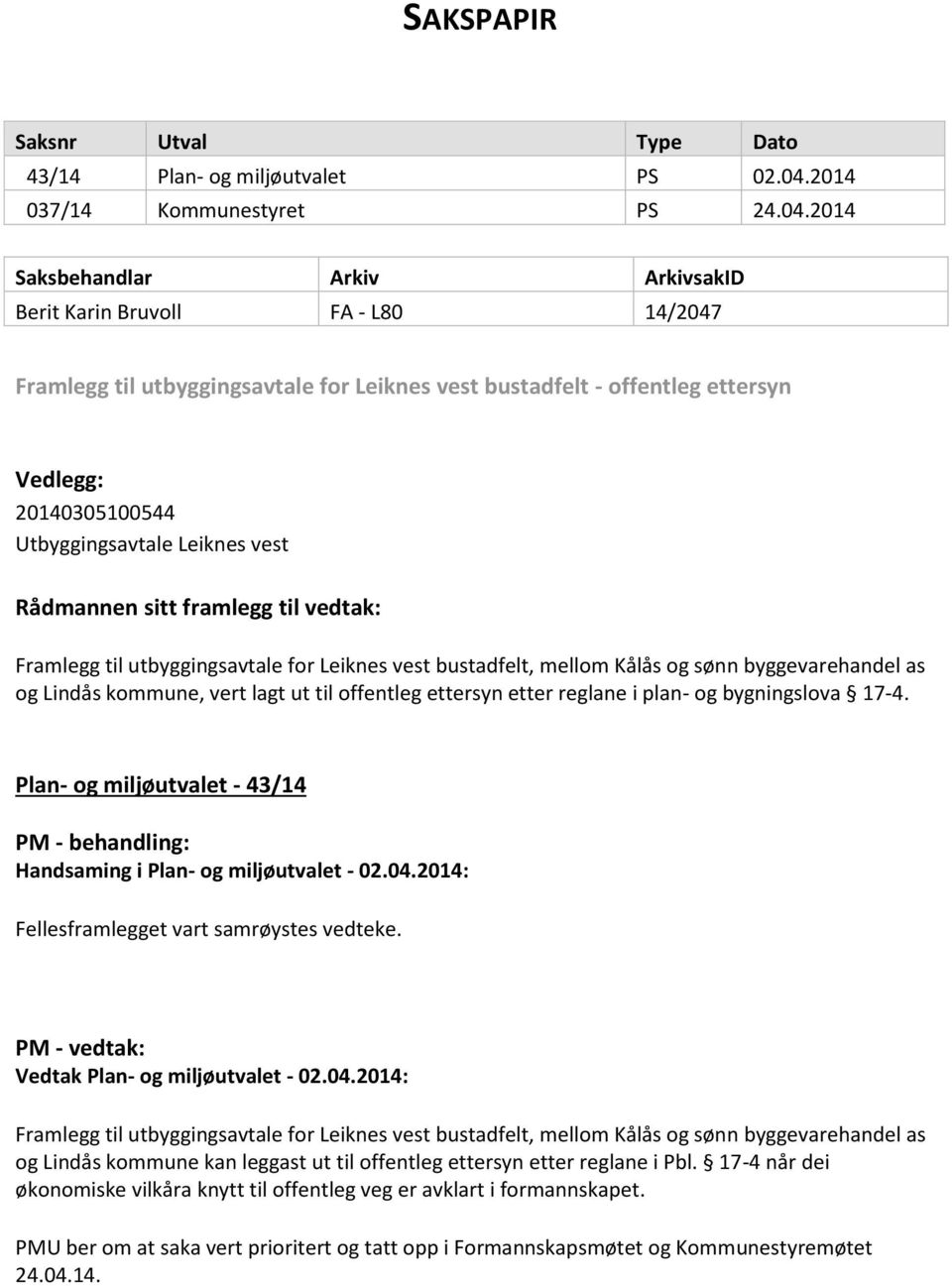 2014 Saksbehandlar Arkiv ArkivsakID Berit Karin Bruvoll FA - L80 14/2047 Framlegg til utbyggingsavtale for Leiknes vest bustadfelt - offentleg ettersyn Vedlegg: 20140305100544 Utbyggingsavtale