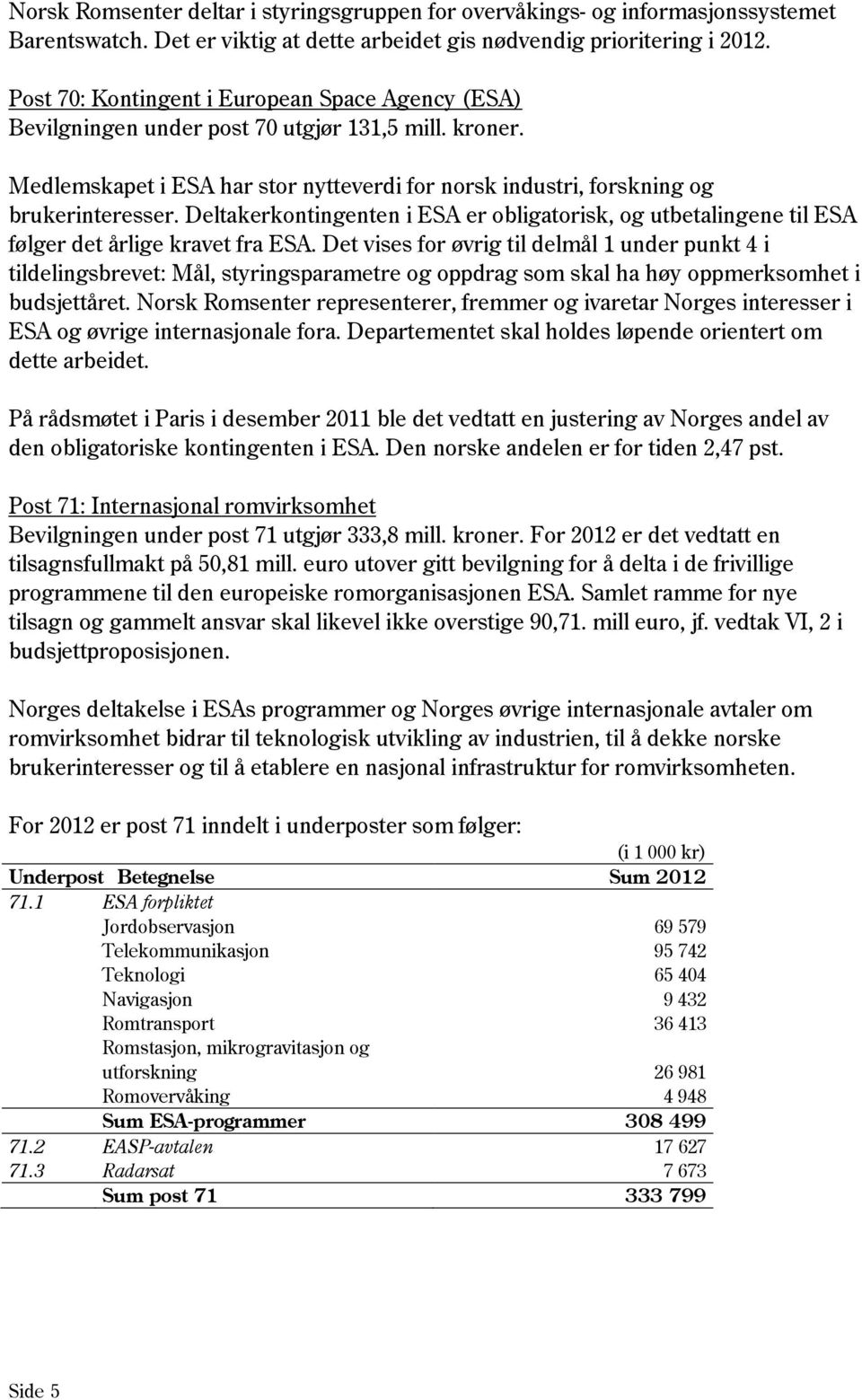 Deltakerkontingenten i ESA er obligatorisk, og utbetalingene til ESA følger det årlige kravet fra ESA.