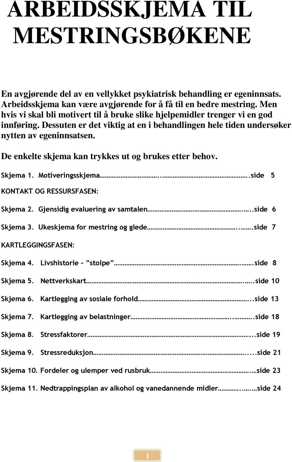 De enkelte skjema kan trykkes ut og brukes etter behov. Skjema 1. Motiveringsskjema....side 5 KONTAKT OG RESSURSFASEN: Skjema 2. Gjensidig evaluering av samtalen...side 6 Skjema 3.