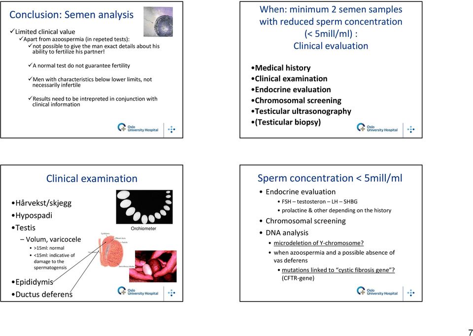 semen samples with reduced sperm concentration (< 5mill/ml) : Clinical evaluation Medical history Clinical examination Endocrine evaluation Chromosomal screening Testicular ultrasonography