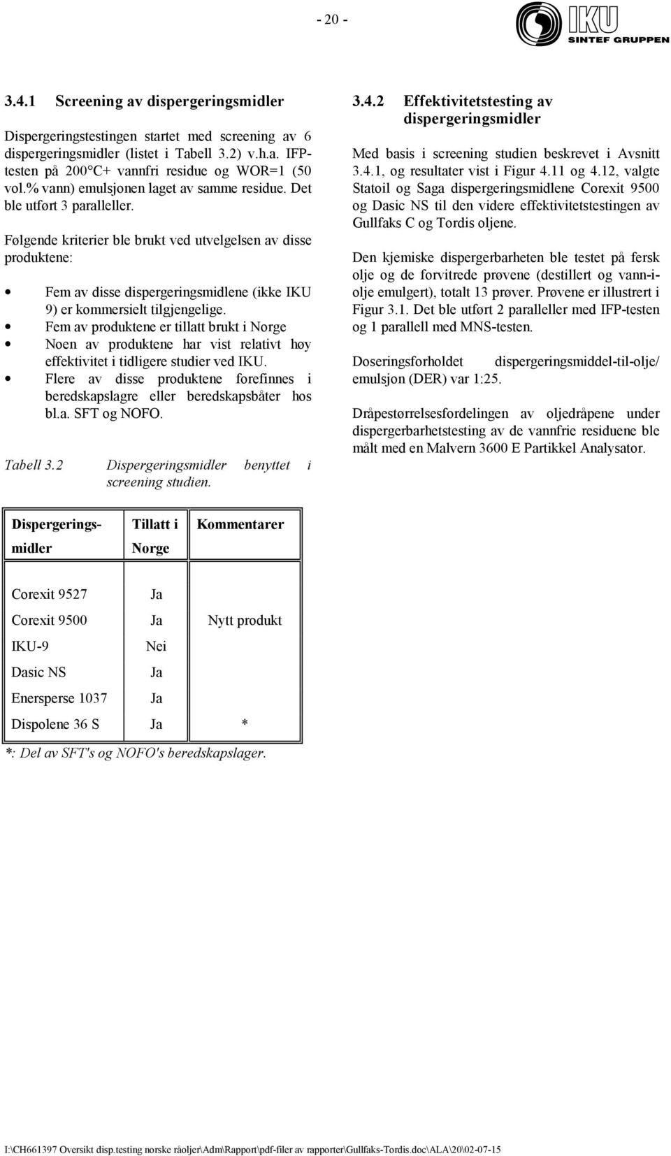 Følgende kriterier ble brukt ved utvelgelsen av disse produktene: Fem av disse dispergeringsmidlene (ikke IKU 9) er kommersielt tilgjengelige.