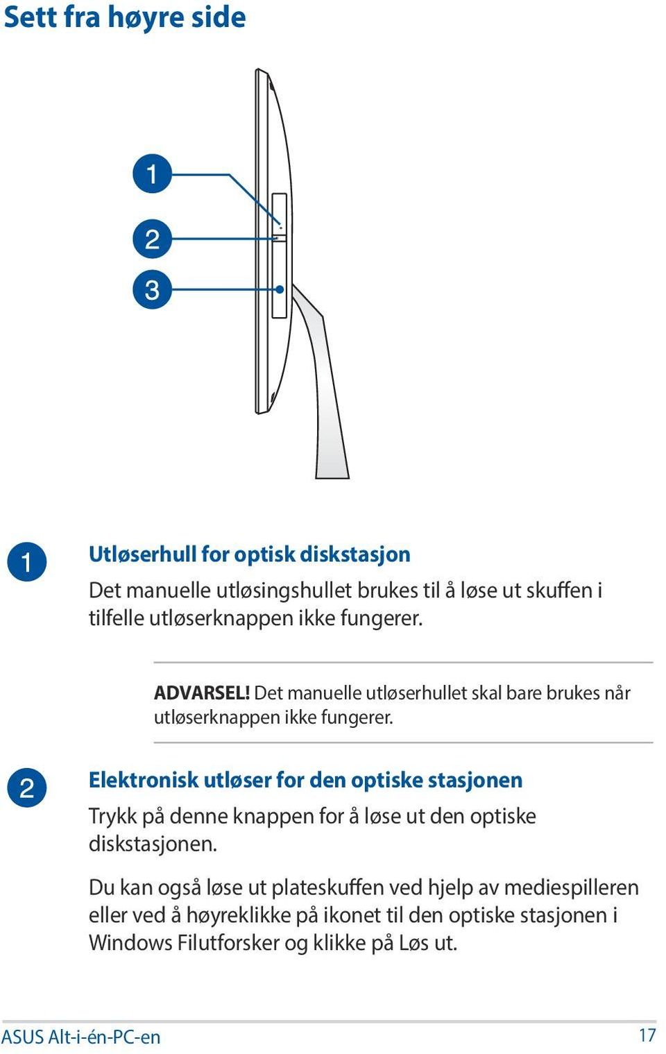 Elektronisk utløser for den optiske stasjonen Trykk på denne knappen for å løse ut den optiske diskstasjonen.