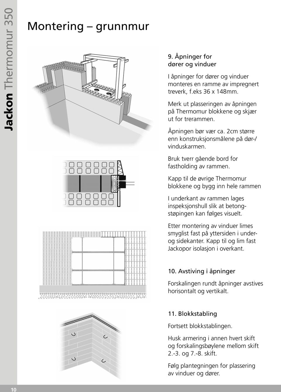 Bruk tverr gående bord for fastholding av rammen. Kapp til de øvrige Thermomur blokkene og bygg inn hele rammen I underkant av rammen lages inspeksjonshull slik at betongstøpingen kan følges visuelt.