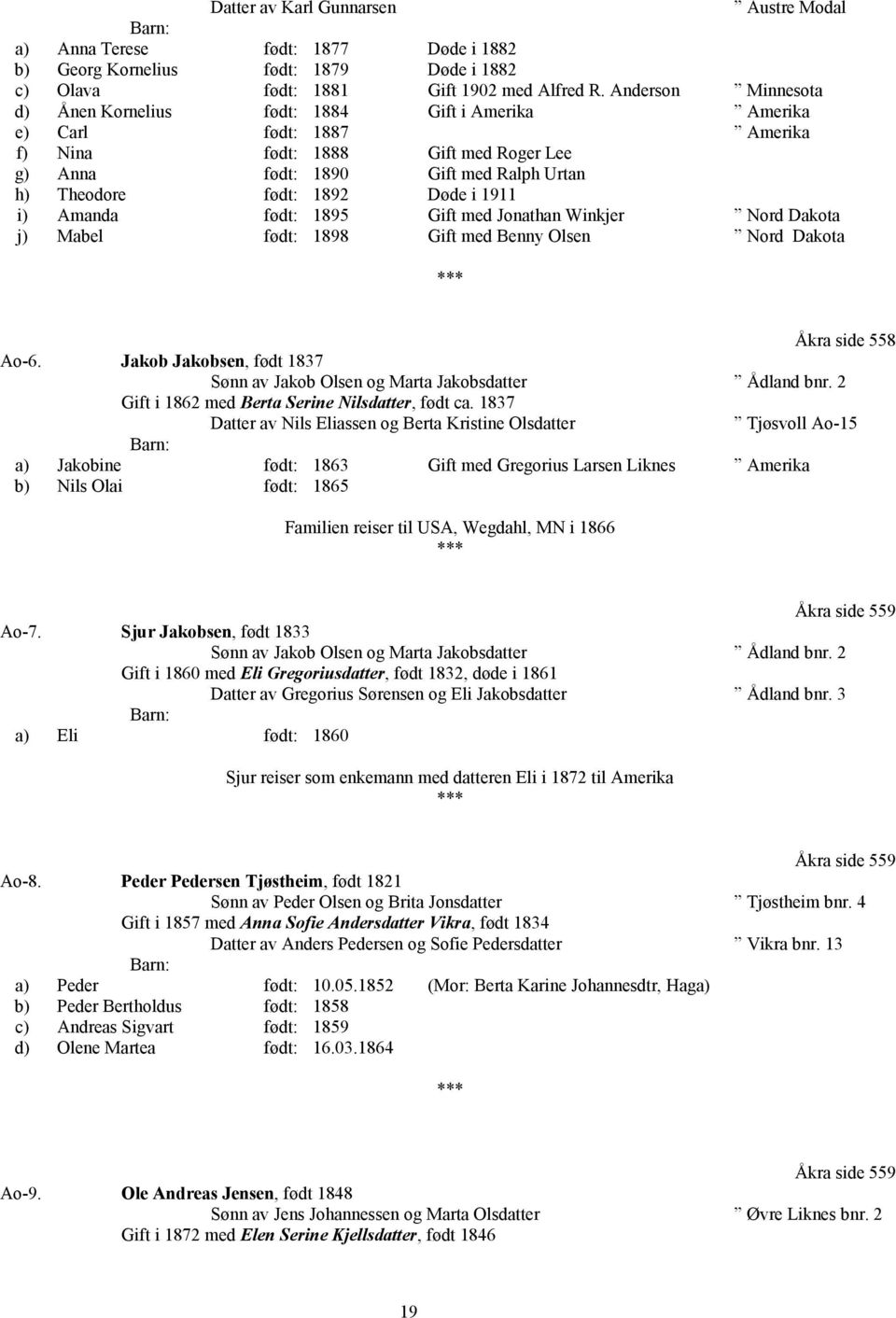 Døde i 1911 i) Amanda født: 1895 Gift med Jonathan Winkjer Nord Dakota j) Mabel født: 1898 Gift med Benny Olsen Nord Dakota Åkra side 558 Ao-6.