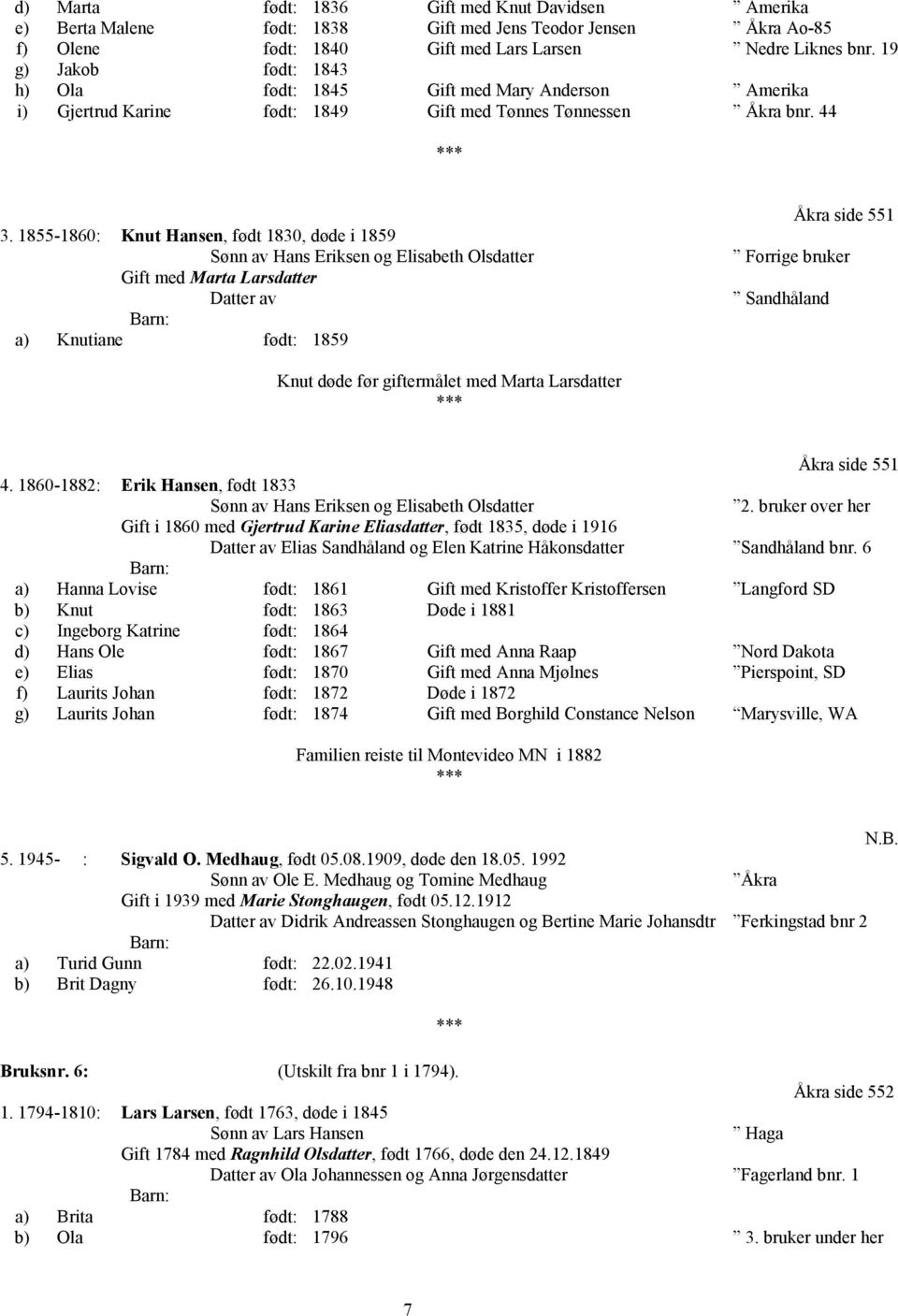 1855-1860: Knut Hansen, født 1830, døde i 1859 Sønn av Hans Eriksen og Elisabeth Olsdatter Gift med Marta Larsdatter Datter av a) Knutiane født: 1859 Åkra side 551 Sandhåland Knut døde før