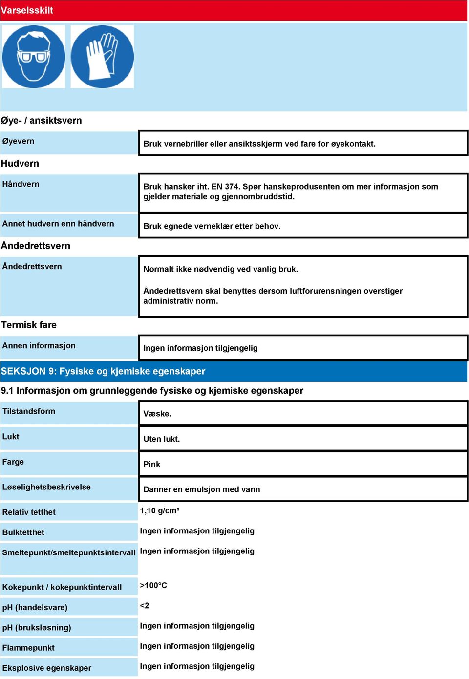 Åndedrettsvern Åndedrettsvern Normalt ikke nødvendig ved vanlig bruk. Åndedrettsvern skal benyttes dersom luftforurensningen overstiger administrativ norm.