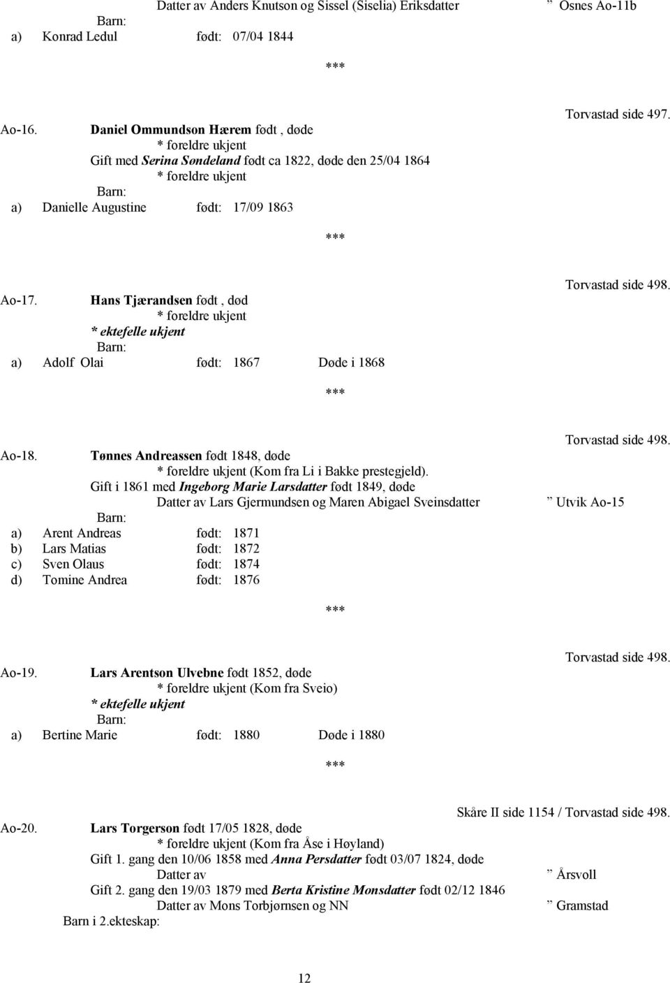Hans Tjærandsen født, død * ektefelle ukjent a) Adolf Olai født: 1867 Døde i 1868 Torvastad side 498. Ao-18. Tønnes Andreassen født 1848, døde (Kom fra Li i Bakke prestegjeld).