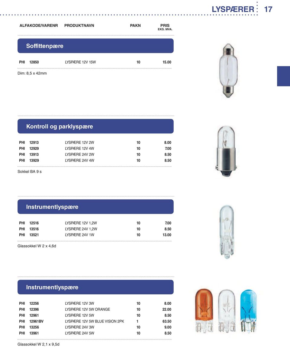 00 PHI 13516 LYSPÆRE 24V 1,2W 10 8.50 PHI 13521 LYSPÆRE 24V 1W 10 13.00 Glassokkel W 2 x 4,6d Instrumentlyspære PHI 12256 LYSPÆRE 12V 3W 10 8.