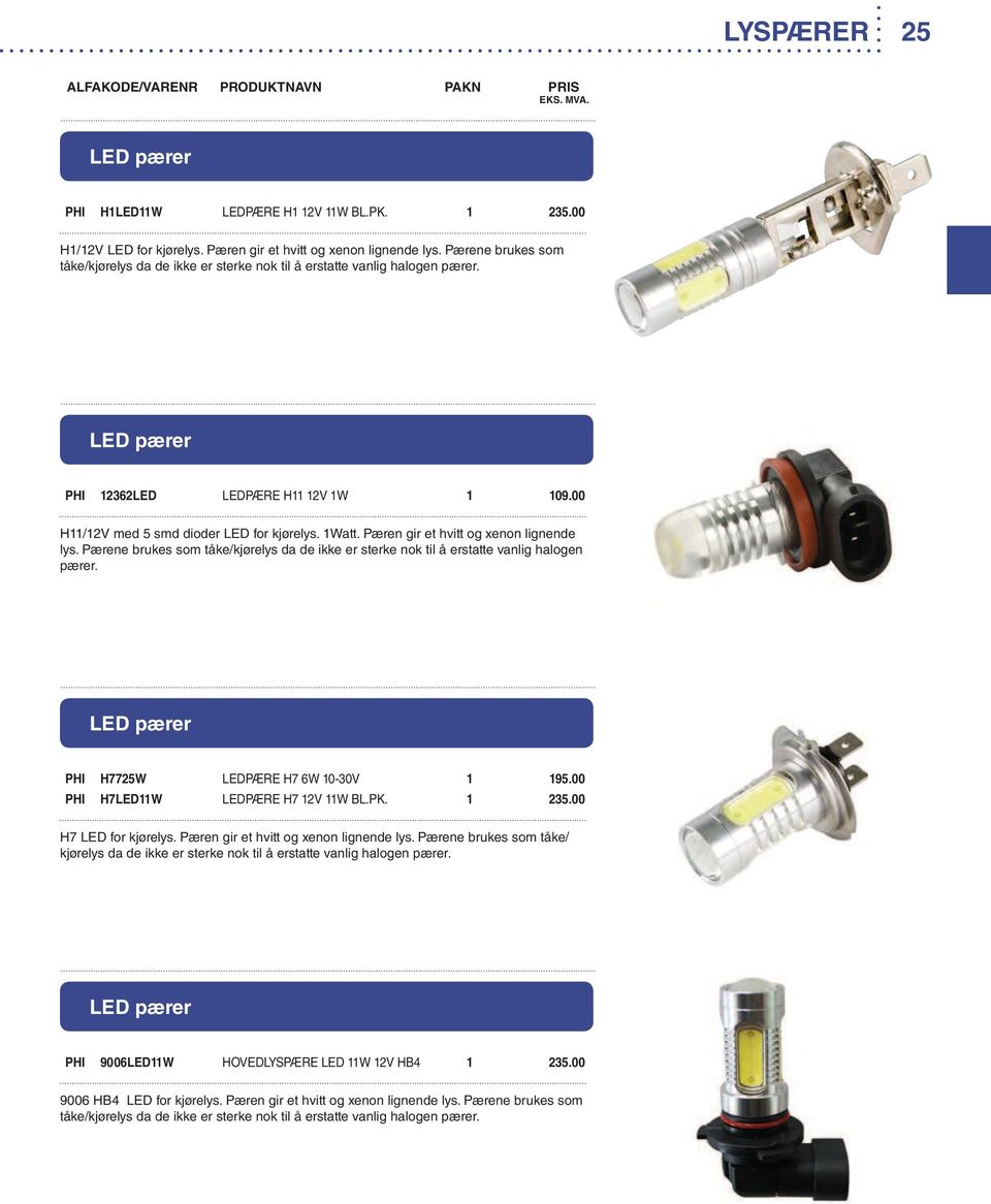 Pæren gir et hvitt og xenon lignende lys. Pærene brukes som tåke/kjørelys da de ikke er sterke nok til å erstatte vanlig halogen pærer. PHI H7725W LEDPÆRE H7 6W 10-30V 1 195.