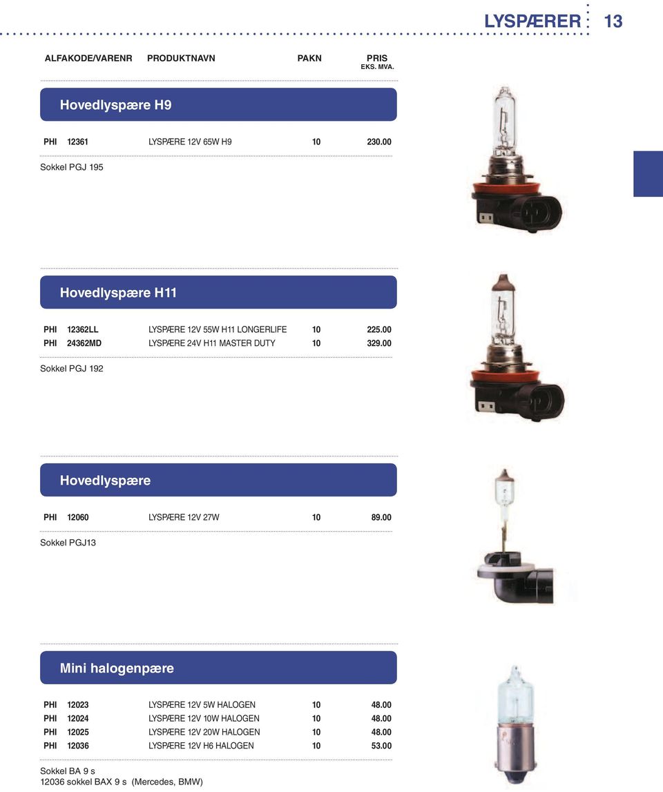 00 PHI 24362MD LYSPÆRE 24V H11 MASTER DUTY 10 329.00 Sokkel PGJ 192 Hovedlyspære PHI 12060 LYSPÆRE 12V 27W 10 89.