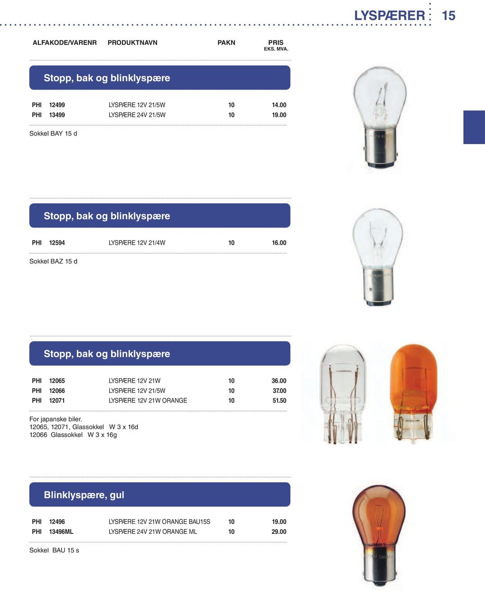 00 Sokkel BAZ 15 d Stopp, bak og blinklyspære PHI 12065 LYSPÆRE 12V 21W 10 36.00 PHI 12066 LYSPÆRE 12V 21/5W 10 37.