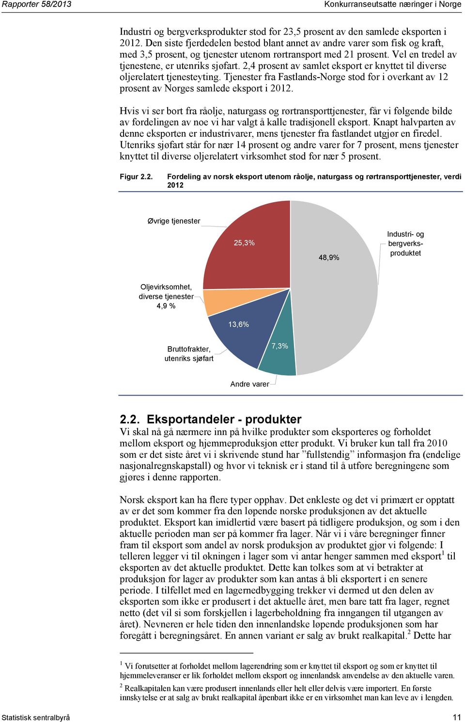 2,4 prosent av samlet eksport er knyttet til diverse oljerelatert tjenesteyting. Tjenester fra Fastlands-Norge stod for i overkant av 12 prosent av Norges samlede eksport i 2012.