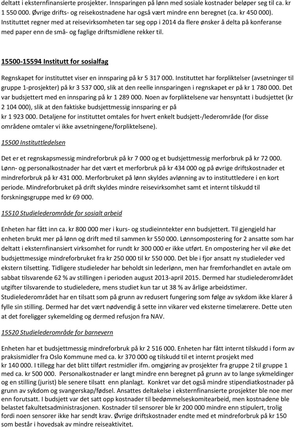 15500-15594 Institutt for sosialfag Regnskapet for instituttet viser en innsparing på kr 5 317 000.