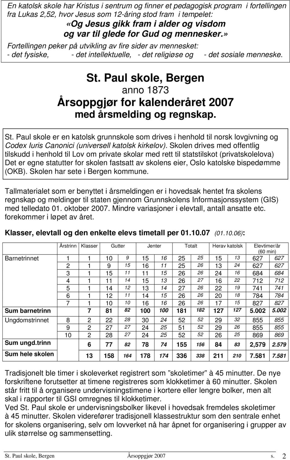 Paul skole, Bergen anno 1873 Årsoppgjør for kalenderåret 2007 med årsmelding og regnskap. St.