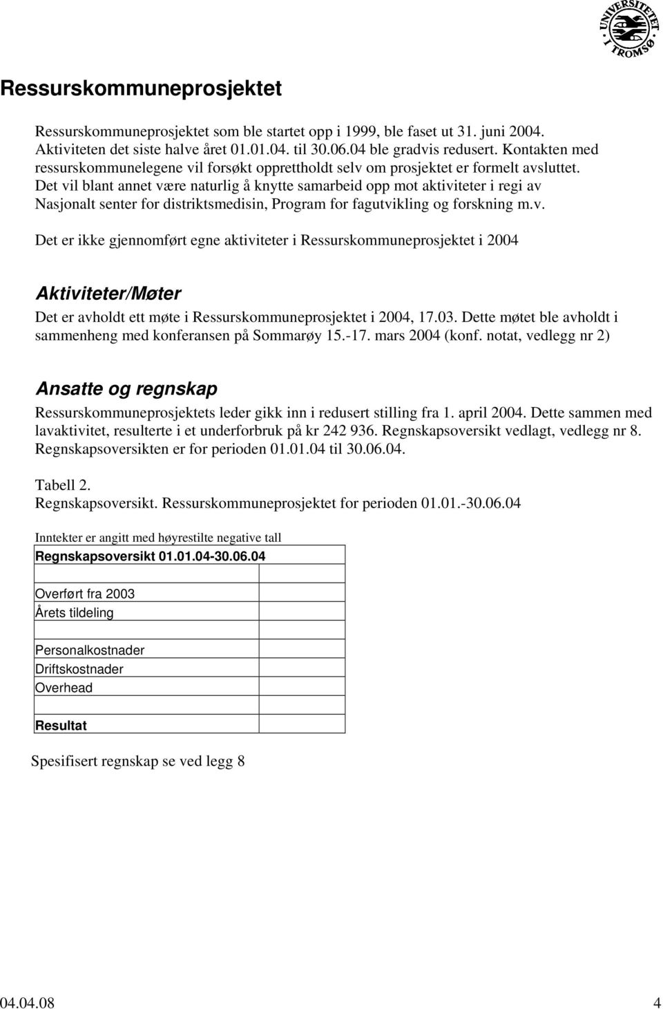 Det vil blant annet være naturlig å knytte samarbeid opp mot aktiviteter i regi av Nasjonalt senter for distriktsmedisin, Program for fagutvikling og forskning m.v. Det er ikke gjennomført egne aktiviteter i Ressurskommuneprosjektet i 2004 Aktiviteter/Møter Det er avholdt ett møte i Ressurskommuneprosjektet i 2004, 17.