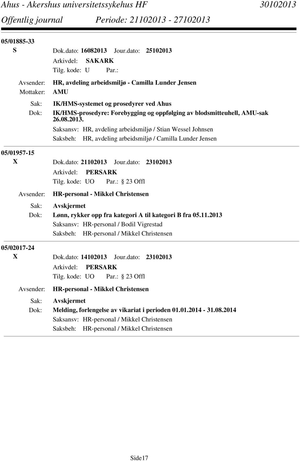 2013. Saksansv: HR, avdeling arbeidsmiljø / Stian Wessel Johnsen Saksbeh: HR, avdeling arbeidsmiljø / Camilla Lunder Jensen 05/01957-15 X Dok.dato: 21102013 Jour.