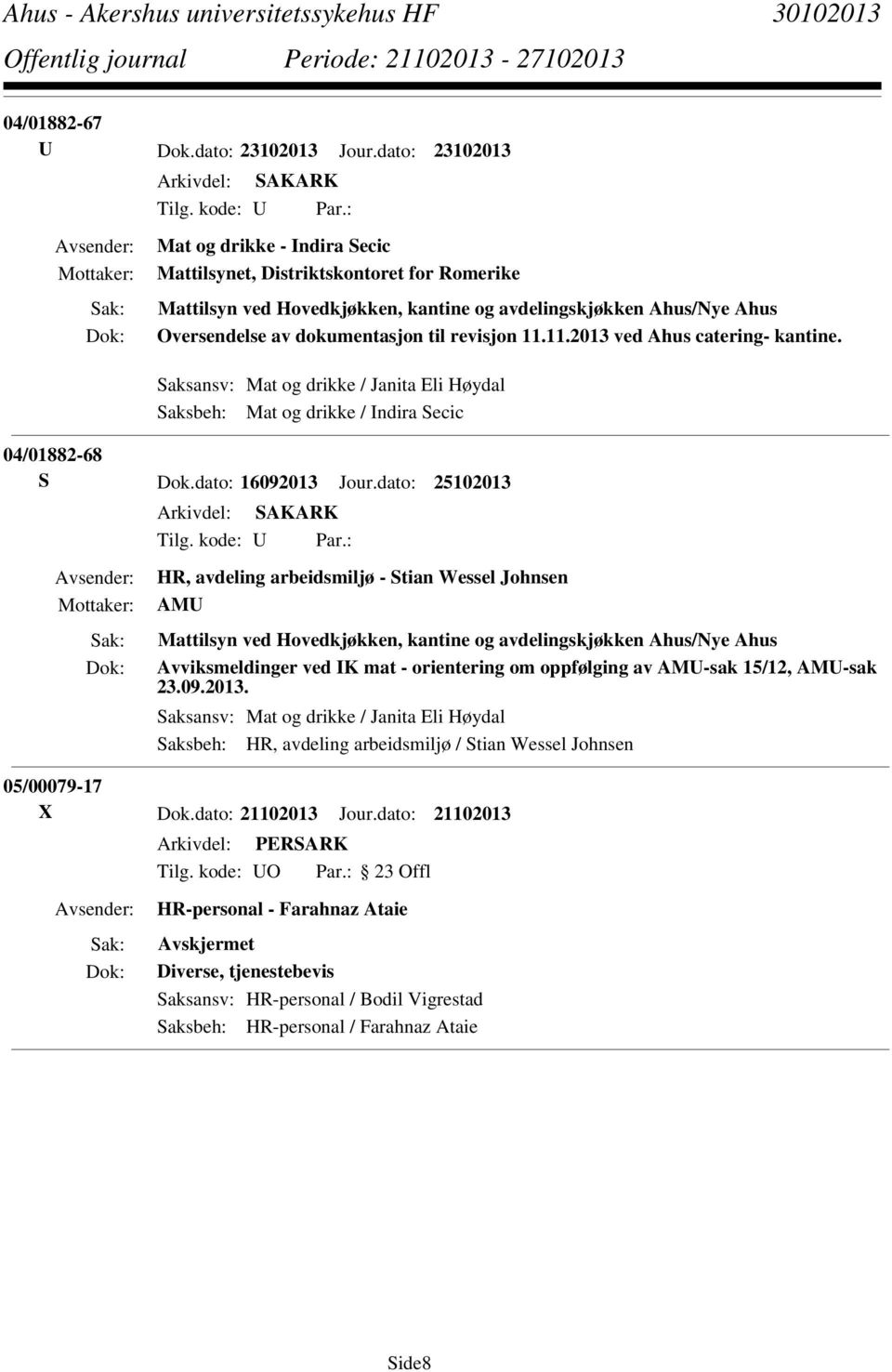 11.2013 ved Ahus catering- kantine. Saksansv: Mat og drikke / Janita Eli Høydal Saksbeh: Mat og drikke / Indira Secic 04/01882-68 S Dok.dato: 16092013 Jour.dato: 25102013 Tilg. kode: U Par.