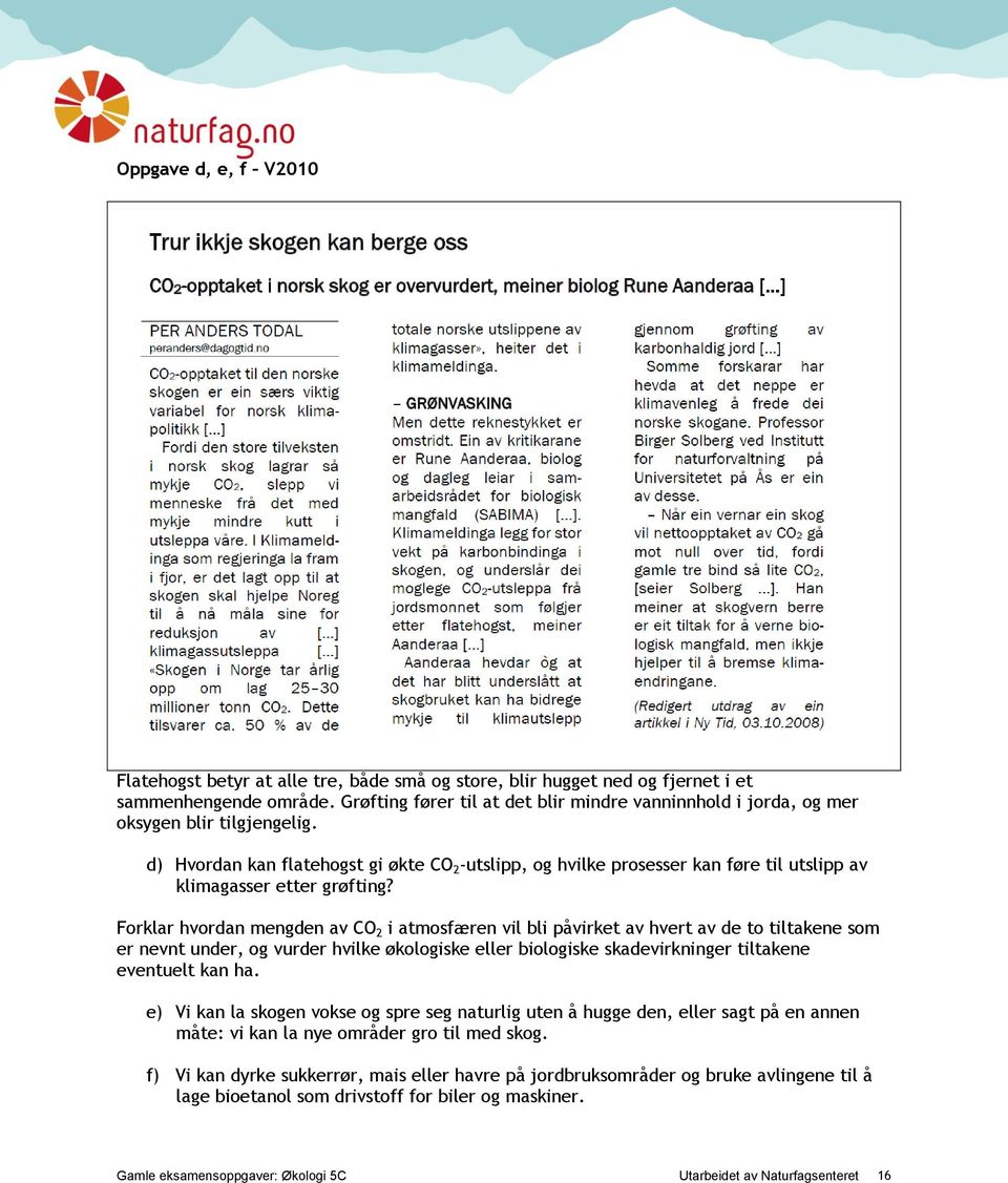 d) Hvordan kan flatehogst gi økte CO 2 -utslipp, og hvilke prosesser kan føre til utslipp av klimagasser etter grøfting?