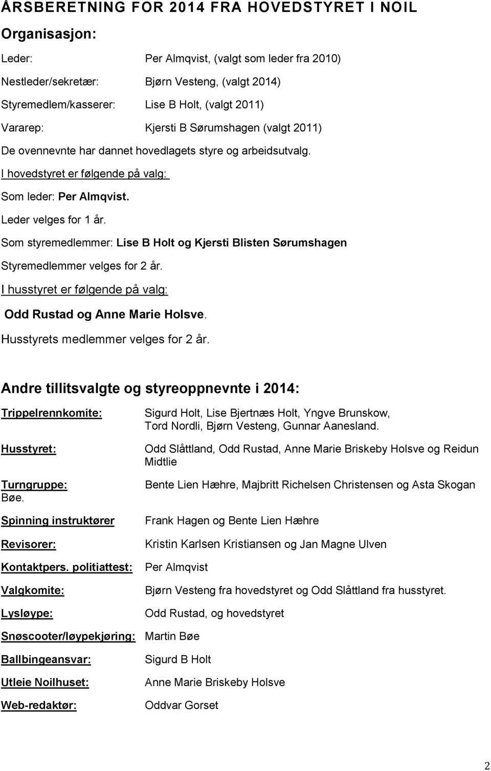 Som styremedlemmer: Lise B Holt og Kjersti Blisten Sørumshagen Styremedlemmer velges for 2 år. I husstyret er følgende på valg: Odd Rustad og Anne Marie Holsve. Husstyrets medlemmer velges for 2 år.