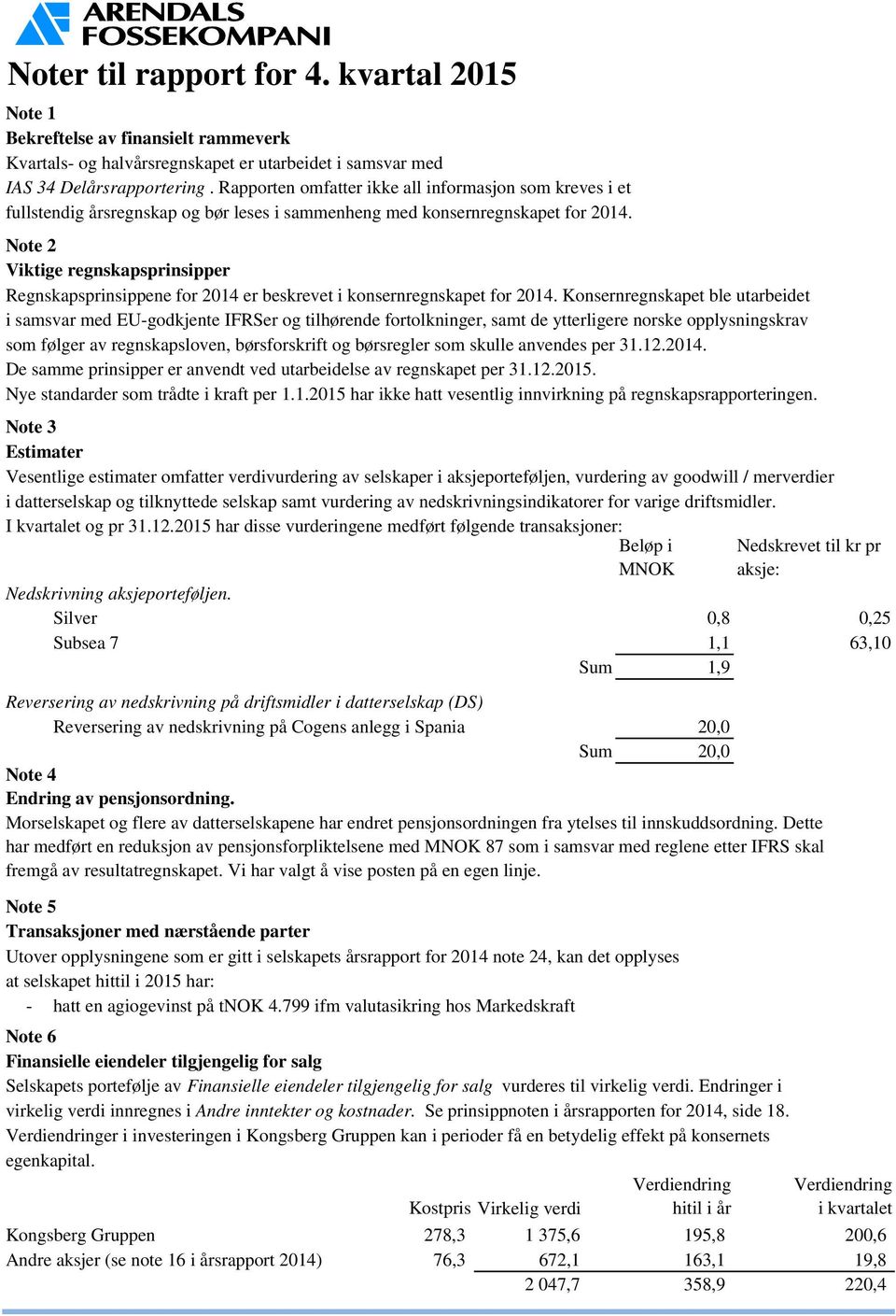 Note 2 Viktige regnskapsprinsipper Regnskapsprinsippene for 2014 er beskrevet i konsernregnskapet for 2014.