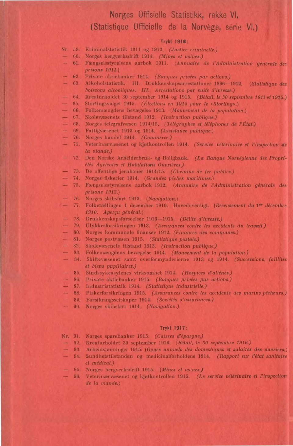 Alkoholstatistik. III. Drukkenskapsarrestationer 1896-1912. (Statistique des boissons alcooliques. III. Arrestations par suite d'ivresse.) - 64. Kreaturholdet 30 september 1914 og 1915.