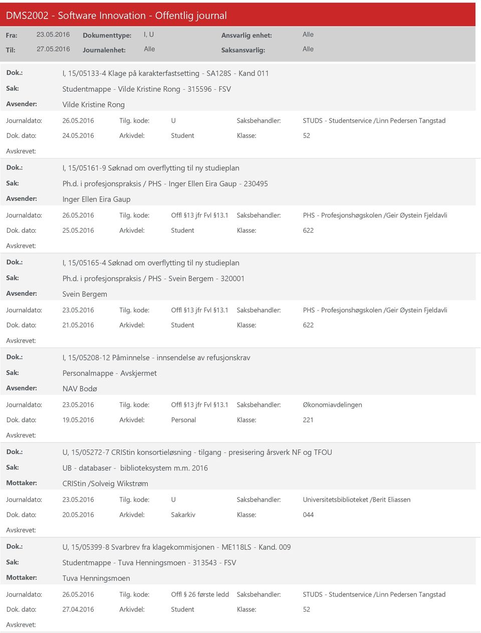 2016 Student 622 I, 15/05165-4 Søknad om overflytting til ny studieplan Ph.d. i profesjonspraksis / PHS - Svein Bergem - 320001 Svein Bergem PHS - Profesjonshøgskolen /Geir Øystein Fjeldavli 21.05.2016 Student 622 I, 15/008-12 Påminnelse - innsendelse av refusjonskrav NAV Bodø Økonomiavdelingen 19.