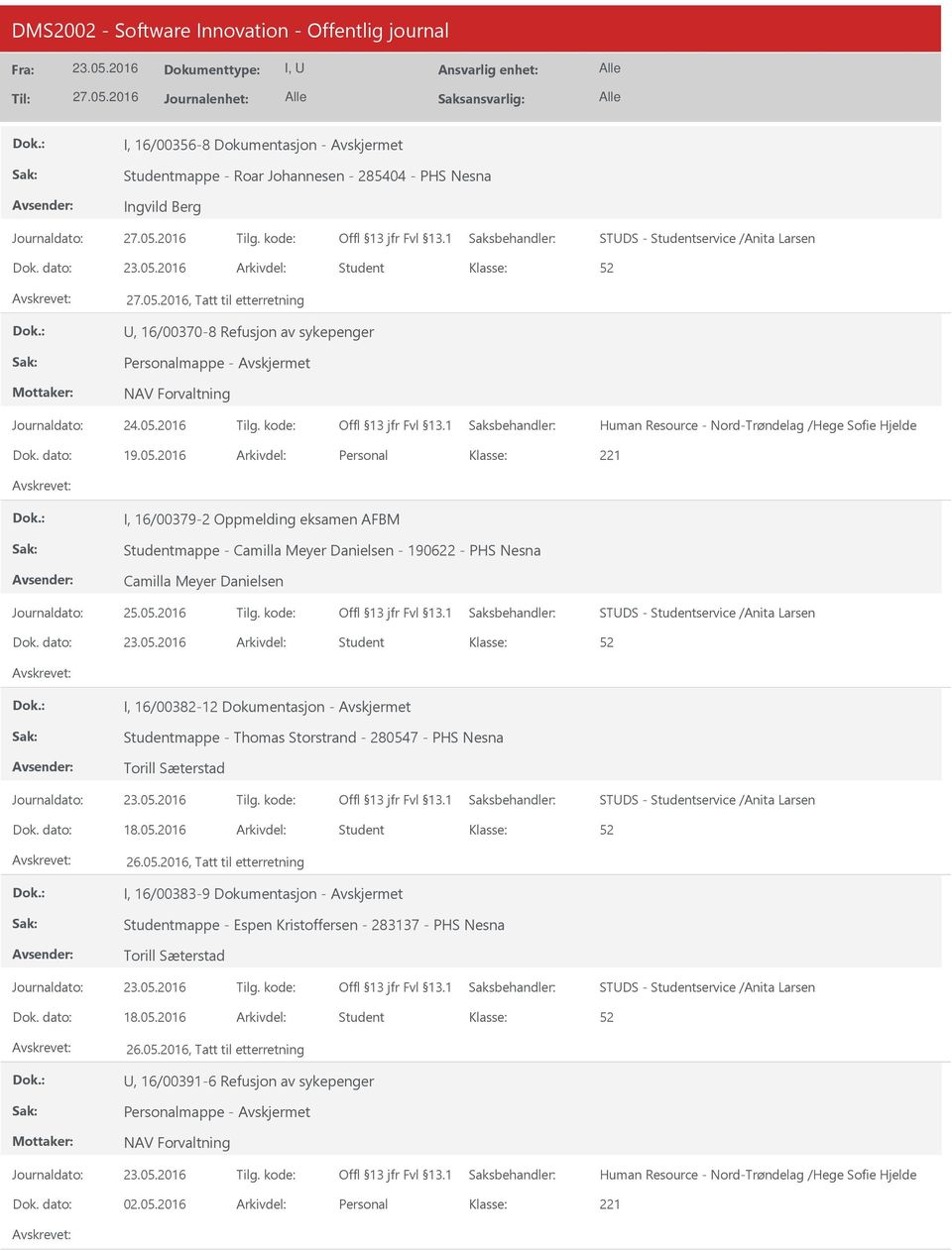 2016 Personal I, 16/00379-2 Oppmelding eksamen AFBM Studentmappe - Camilla Meyer Danielsen - 190622 - PHS Nesna Camilla Meyer Danielsen STDS - Studentservice /Anita Larsen Student I, 16/00382-12