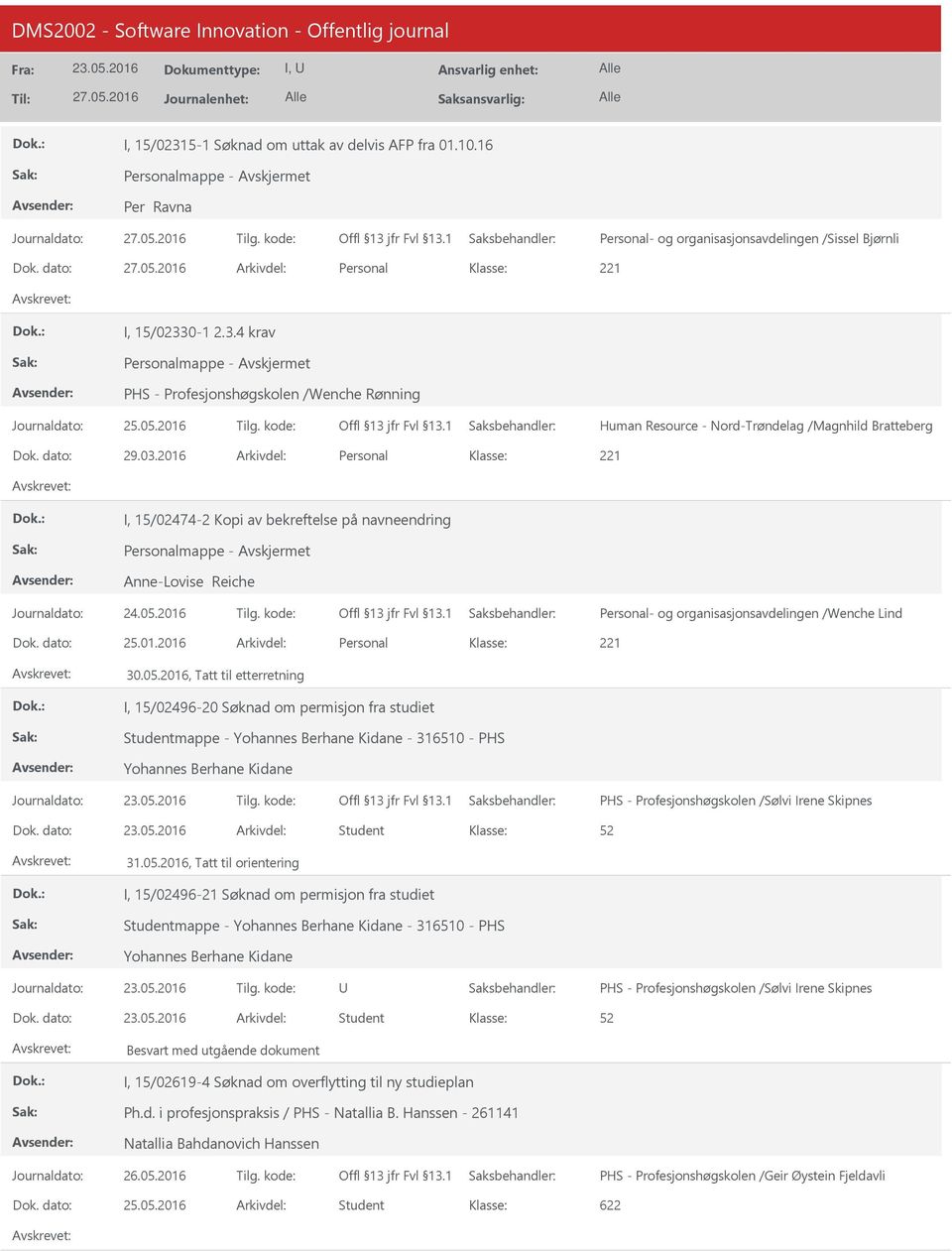 2016, Tatt til etterretning I, 15/02496-20 Søknad om permisjon fra studiet Studentmappe - Yohannes Berhane Kidane - 316510 - PHS Yohannes Berhane Kidane PHS - Profesjonshøgskolen /Sølvi Irene Skipnes