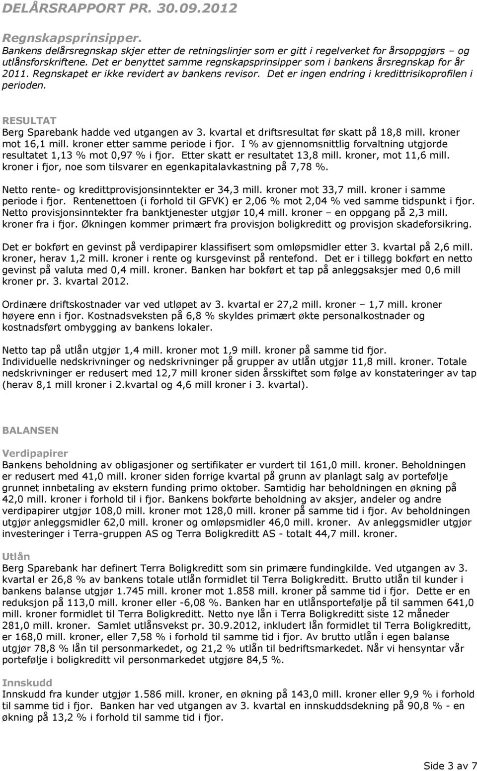 RESULTAT Berg Sparebank hadde ved utgangen av 3. kvartal et driftsresultat før skatt på 18,8 mill. kroner mot 16,1 mill. kroner etter samme periode i fjor.