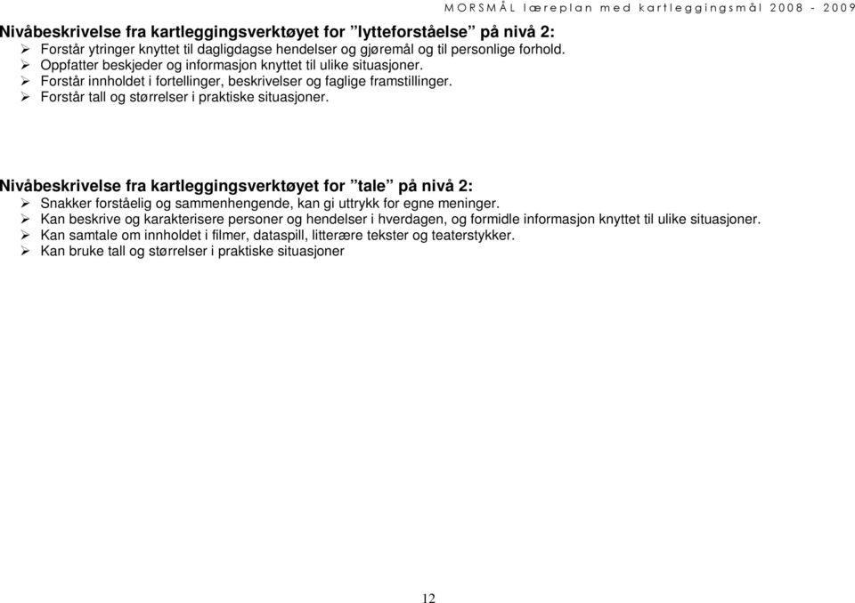 M O R S M Å L l æ r e p l a n m e d k a r t l e g g i n g s m å l 2 0 0 8-2 0 0 9 Nivåbeskrivelse fra kartleggingsverktøyet for tale på nivå 2: Snakker forståelig og sammenhengende, kan gi uttrykk