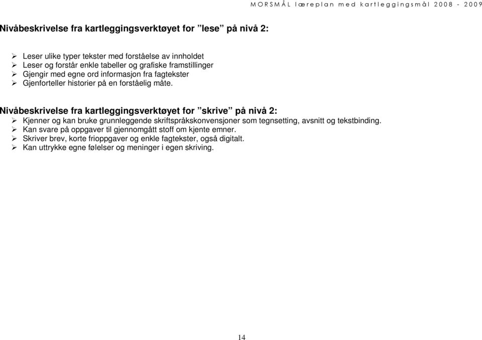 Nivåbeskrivelse fra kartleggingsverktøyet for skrive på nivå 2: Kjenner og kan bruke grunnleggende skriftspråkskonvensjoner som tegnsetting, avsnitt og