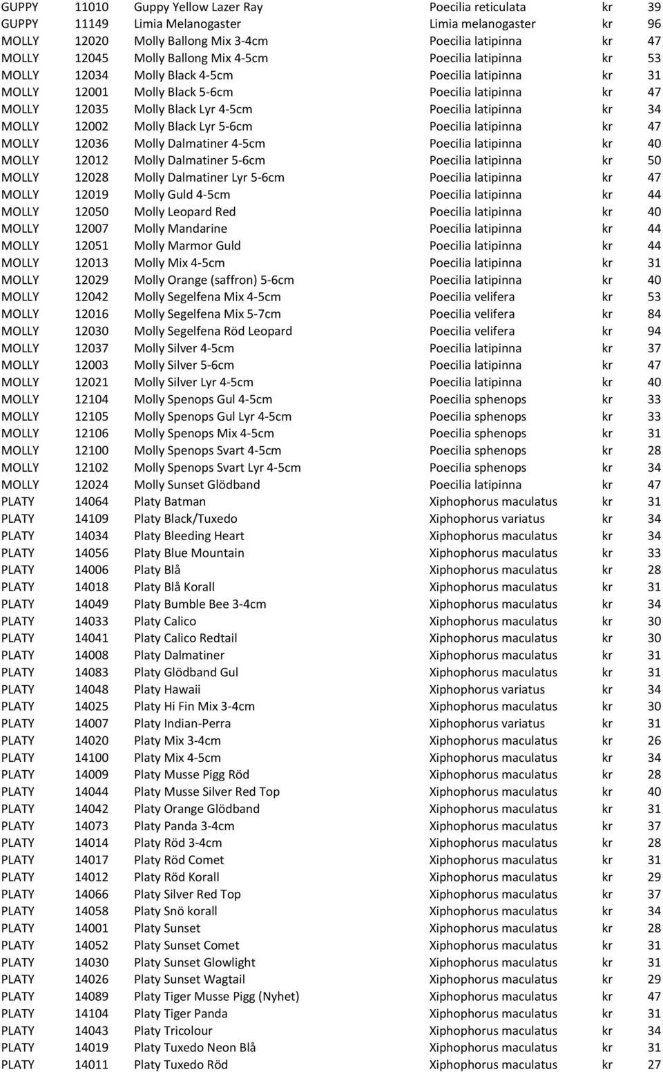 latipinna kr 34 MOLLY 12002 Molly Black Lyr 5-6cm Poecilia latipinna kr 47 MOLLY 12036 Molly Dalmatiner 4-5cm Poecilia latipinna kr 40 MOLLY 12012 Molly Dalmatiner 5-6cm Poecilia latipinna kr 50