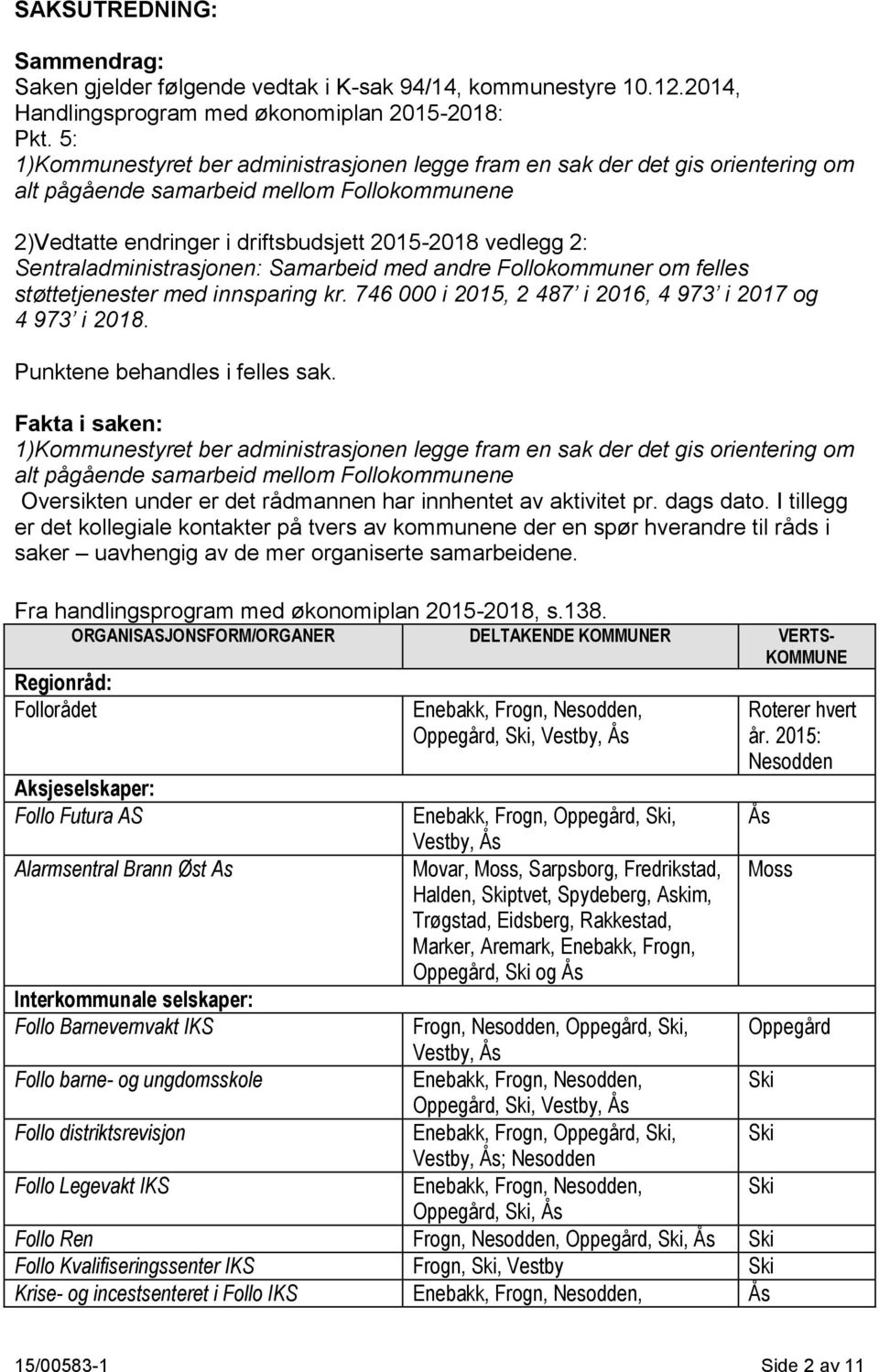 Sentraladministrasjonen: Samarbeid med andre Follokommuner om felles støttetjenester med innsparing kr. 746 000 i 2015, 2 487 i 2016, 4 973 i 2017 og 4 973 i 2018. Punktene behandles i felles sak.