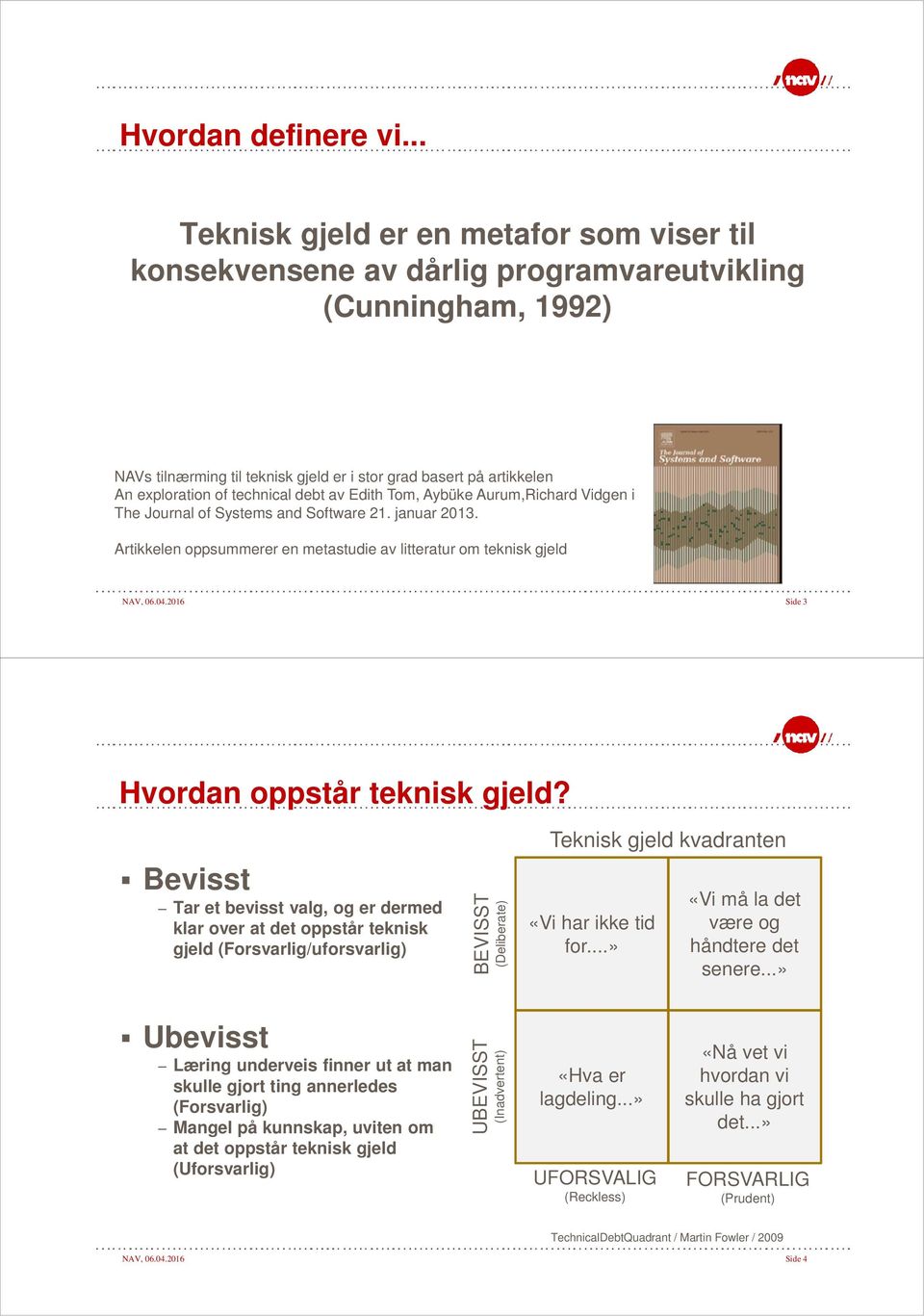 technical debt av Edith Tom, Aybüke Aurum,Richard Vidgen i The Journal of Systems and Software 21. januar 2013. Artikkelen oppsummerer en metastudie av litteratur om teknisk gjeld NAV, 06.04.