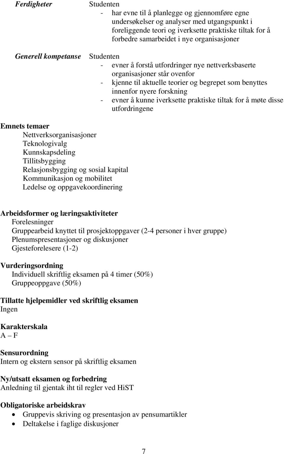 å kunne iverksette praktiske tiltak for å møte disse utfordringene Emnets temaer Nettverksorganisasjoner Teknologivalg Kunnskapsdeling Tillitsbygging Relasjonsbygging og sosial kapital Kommunikasjon