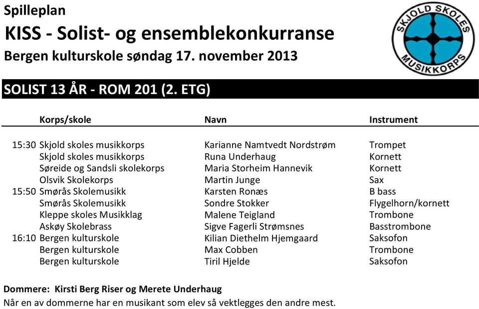 Maria Storheim Hannevik Kornett Olsvik Skolekorps Martin Junge Sax 15:50 SmБ0Л3rБ0К2s Skolemusikk Karsten RonБ0К3s B bass SmБ0Л3rБ0К2s Skolemusikk Sondre