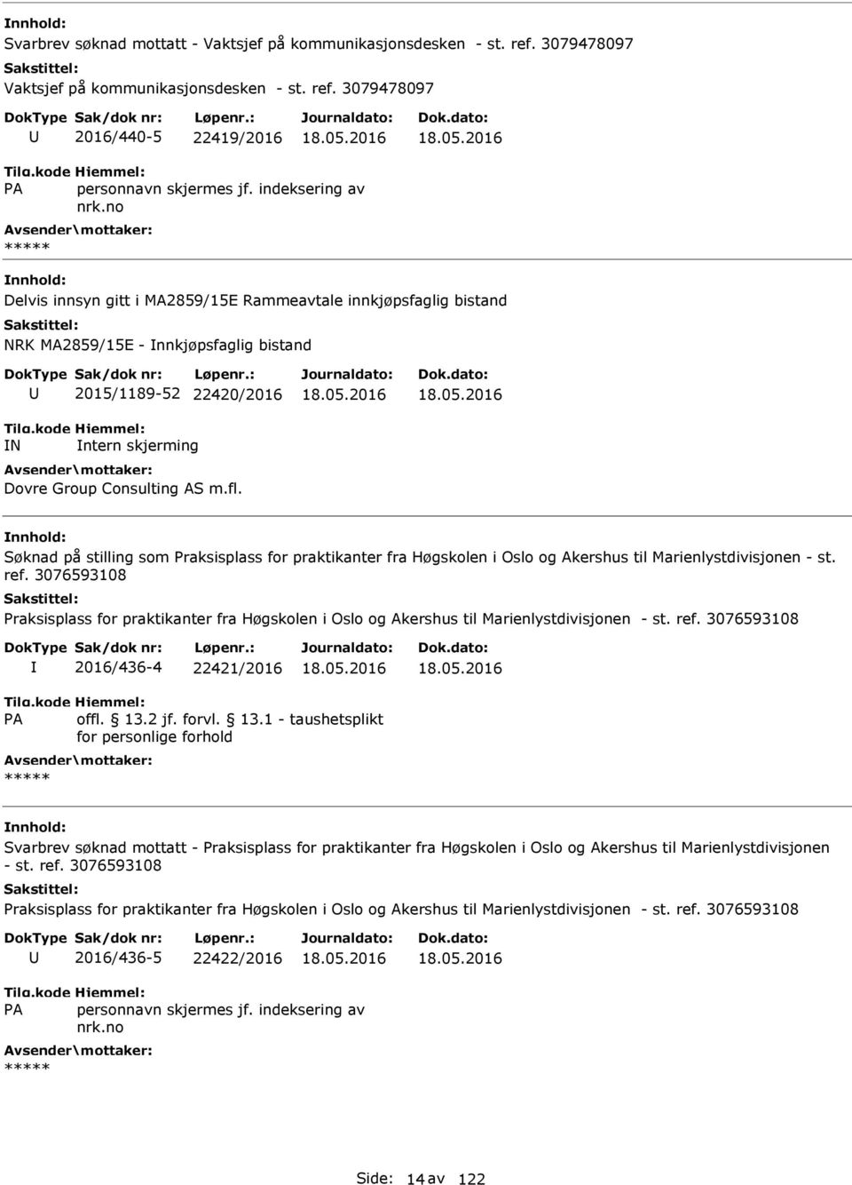 3079478097 2016/440-5 22419/2016 Delvis innsyn gitt i MA2859/15E Rammeavtale innkjøpsfaglig bistand NRK MA2859/15E - nnkjøpsfaglig bistand N 2015/1189-52 22420/2016 ntern skjerming Dovre Group