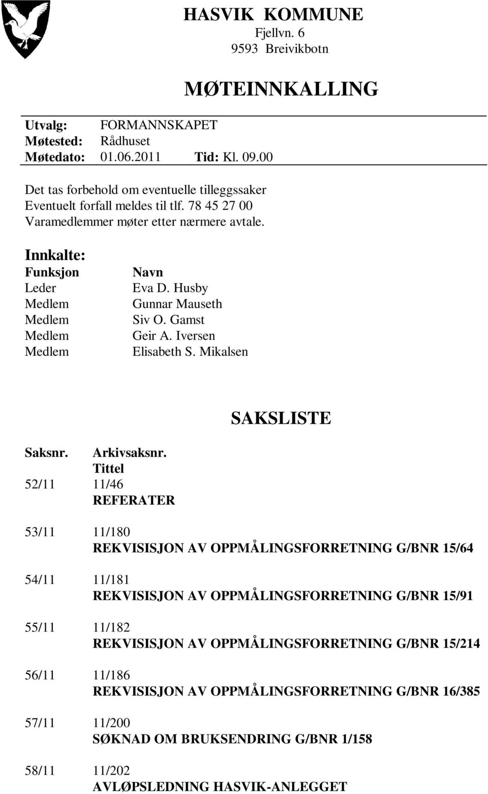 Mikalsen SAKSLISTE Saksnr. Arkivsaksnr.