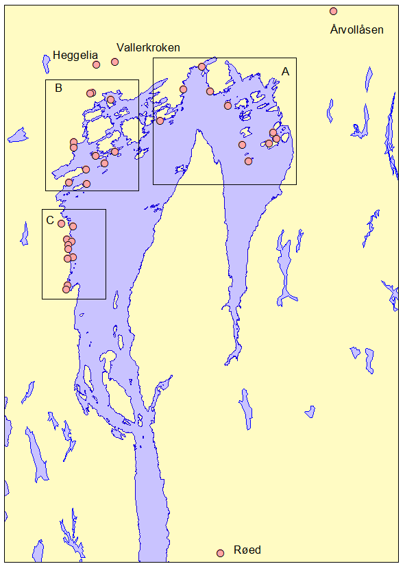 Verneområdene som er omhandlet i denne rapporten. Hvert område er markert med en rød sirkel. For mer detaljer se kartene på de følgende sider med utsnitt for område A,B og C.