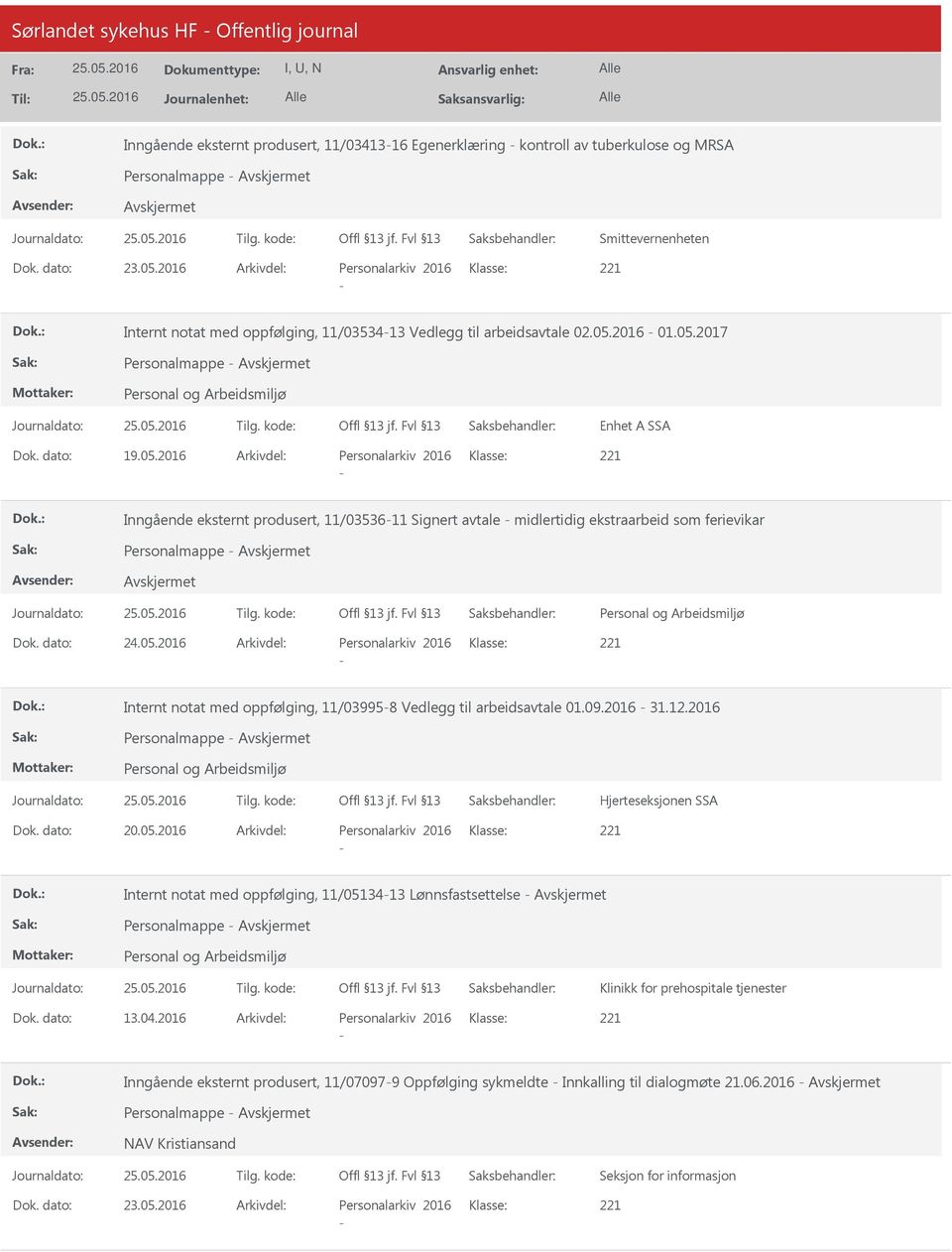 2016 01.05.2017 Personalmappe Enhet A SSA 19.05.2016 Personalarkiv 2016 Inngående eksternt produsert, 11/0353611 Signert avtale midlertidig ekstraarbeid som ferievikar Personalmappe 24.05.2016 Personalarkiv 2016 Internt notat med oppfølging, 11/039958 Vedlegg til arbeidsavtale 01.