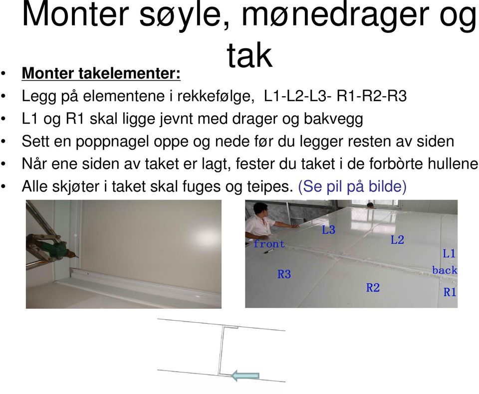 oppe og nede før du legger resten av siden Når ene siden av taket er lagt, fester du