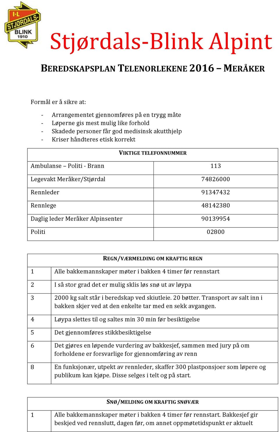 REGN 1 Alle bakkemannskaper møter i bakken 4 timer før rennstart 2 I så stor grad det er mulig sklis løs snø ut av løypa 3 2000 kg salt står i beredskap ved skiutleie. 20 bøtter.