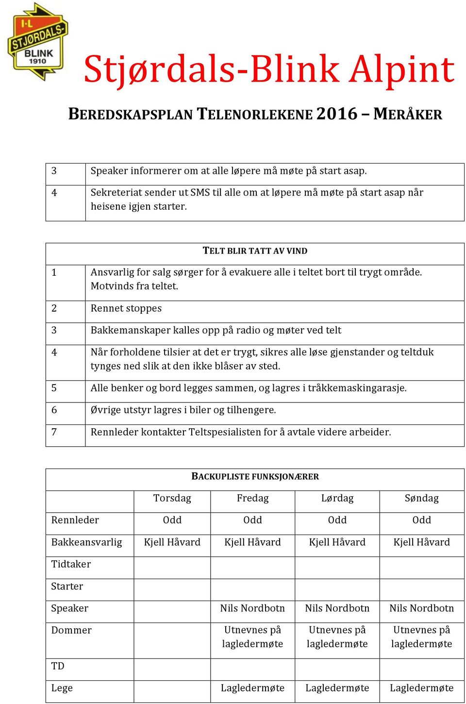 2 Rennet stoppes 3 Bakkemanskaper kalles opp på radio og møter ved telt 4 Når forholdene tilsier at det er trygt, sikres alle løse gjenstander og teltduk tynges ned slik at den ikke blåser av sted.