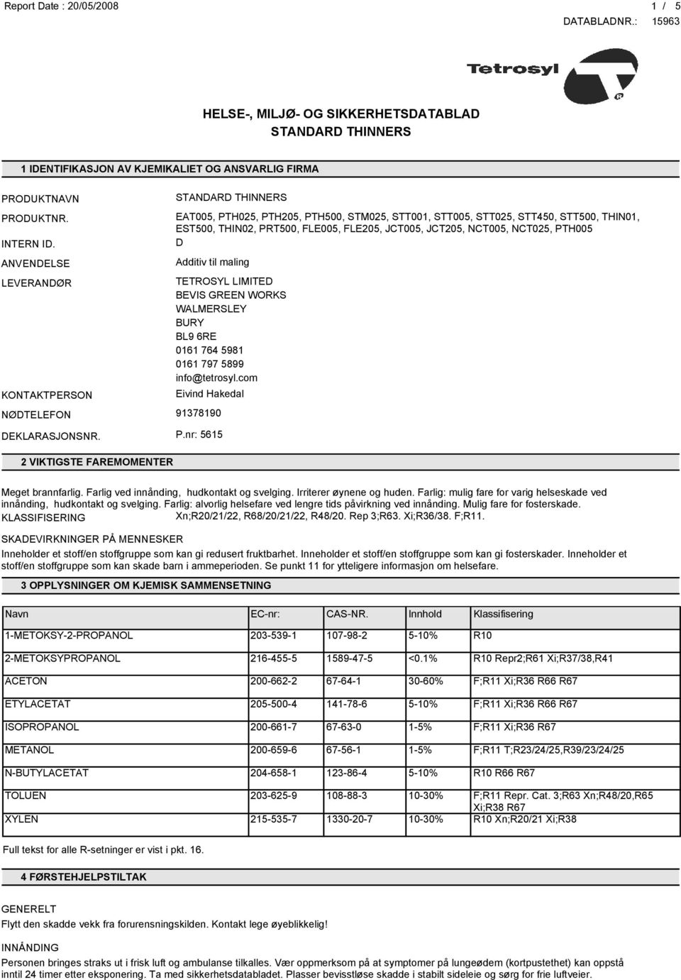 NCT025, PTH005 D Additiv til maling TETROSYL LIMITED BEVIS GREEN WORKS WALMERSLEY BURY BL9 6RE 0161 764 5981 0161 797 5899 info@tetrosyl.com Eivind Hakedal NØDTELEFON 9178190 DEKLARASJONSNR. P.nr: 5615 2 VIKTIGSTE FAREMOMENTER Meget brannfarlig.