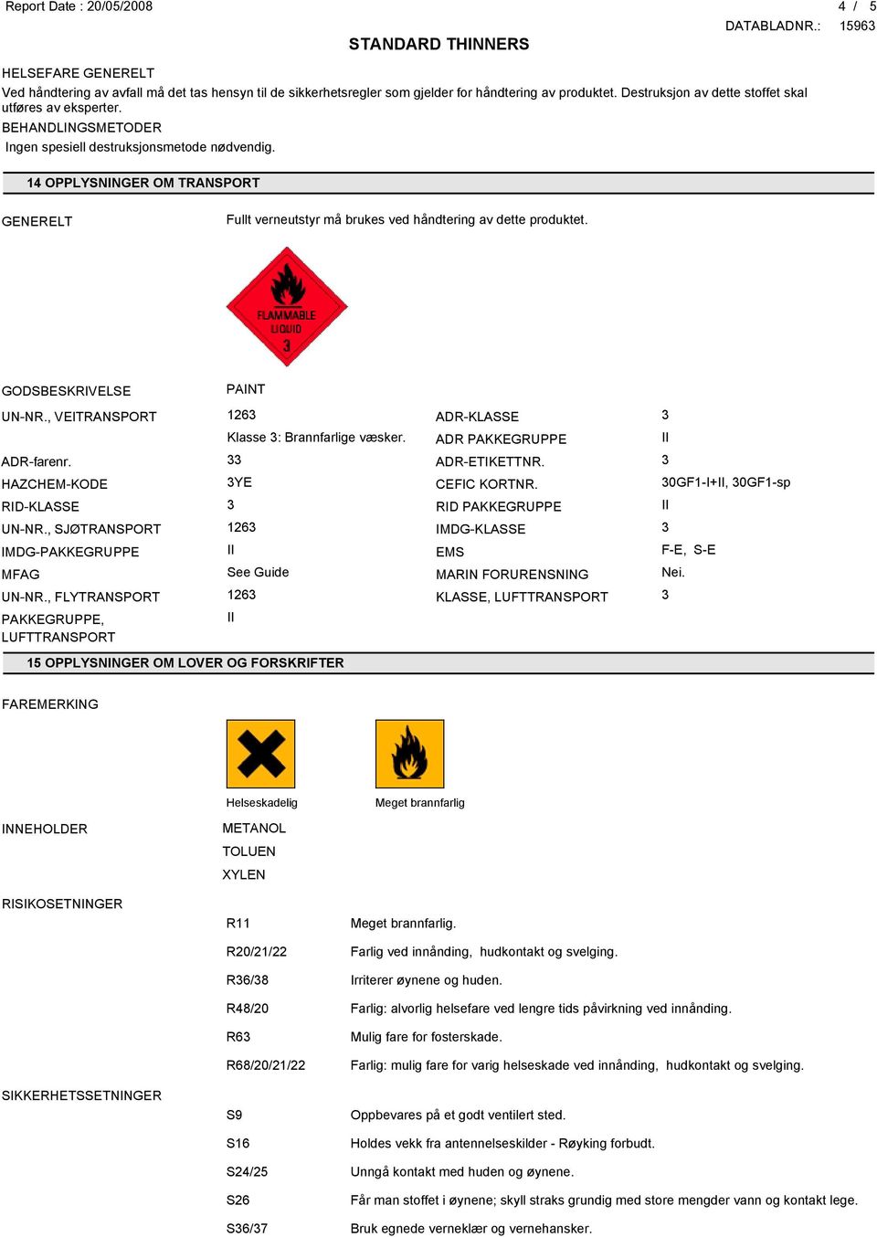 14 OPPLYSNINGER OM TRSPORT Fullt verneutstyr må brukes ved håndtering av dette produktet. GODSBESKRIVELSE PAINT UN-NR., VEITRSPORT 126 ADR-KLASSE Klasse : Brannfarlige væsker.