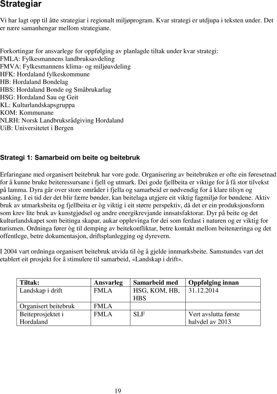 Hordaland Bondelag HBS: Hordaland Bonde og Småbrukarlag HSG: Hordaland Sau og Geit KL: Kulturlandskapsgruppa KOM: Kommunane NLRH: Norsk Landbruksrådgiving Hordaland UiB: Universitetet i Bergen