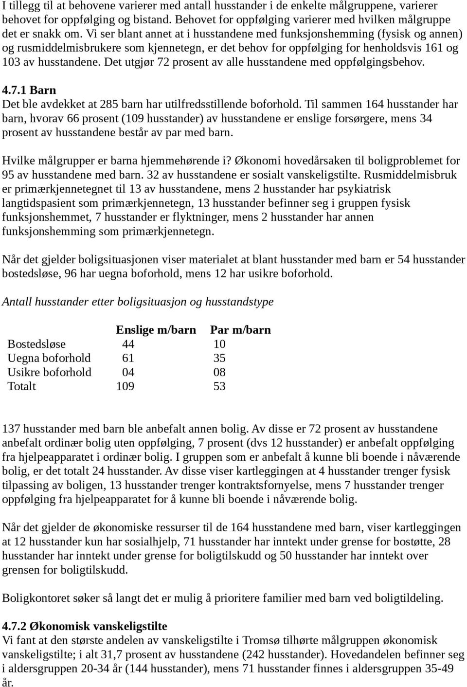 Det utgjør 72 prosent av alle husstandene med oppfølgingsbehov. 4.7.1 Barn Det ble avdekket at 285 barn har utilfredsstillende boforhold.