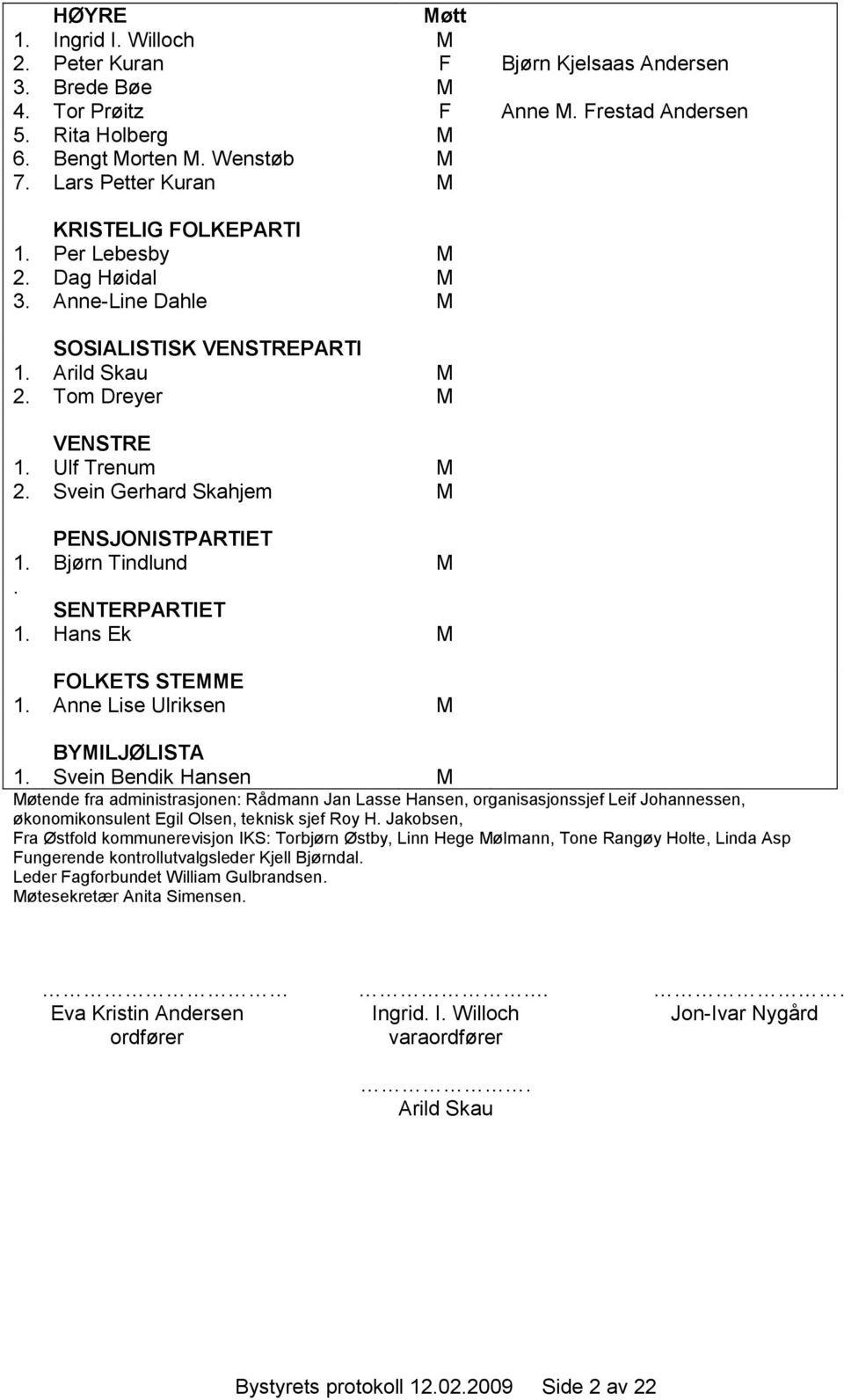 Svein Gerhard Skahjem M PENSJONISTPARTIET 1. Bjørn Tindlund M. SENTERPARTIET 1. Hans Ek M FOLKETS STEMME 1. Anne Lise Ulriksen M BYMILJØLISTA 1.