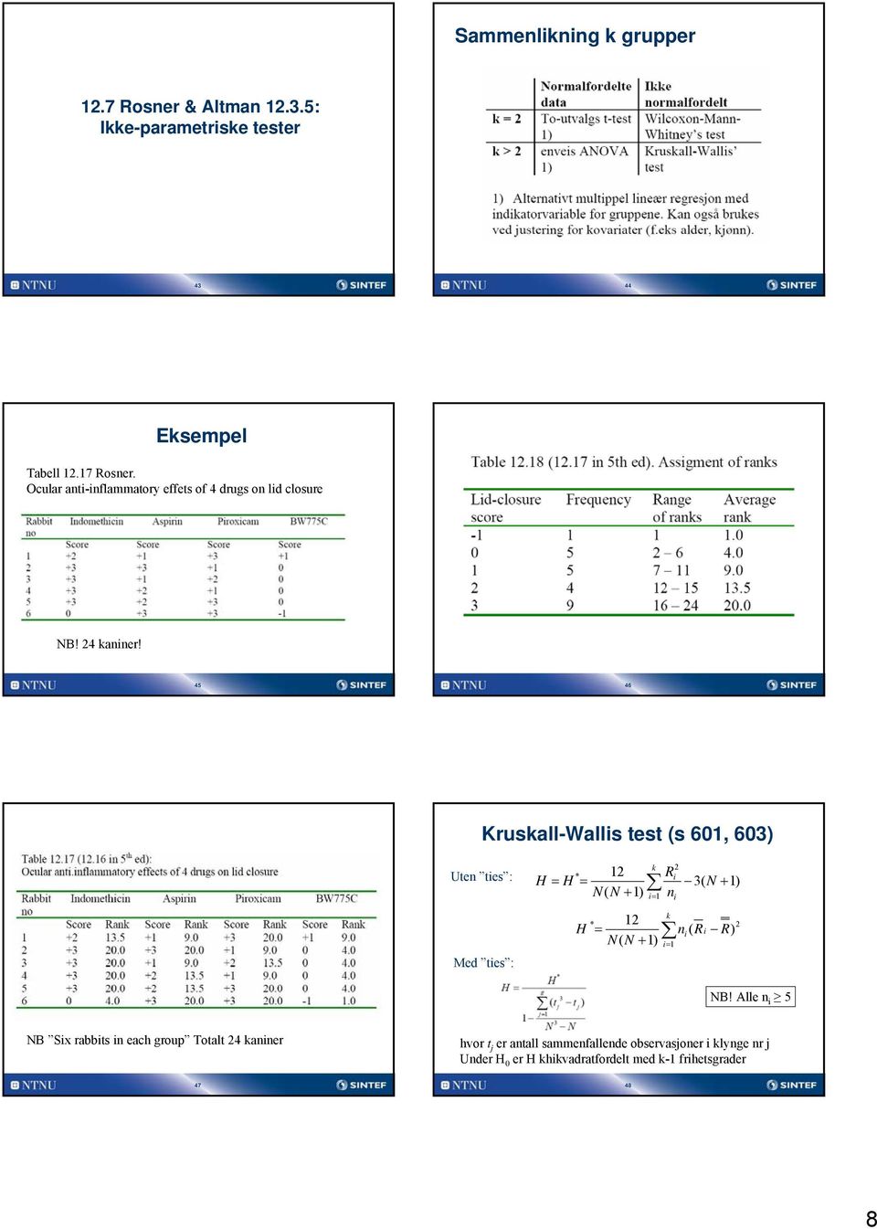 45 46 Krusall-Wallis test (s 60, 60) Uten ties : Med ties : * H = H = N( N + ) * H = N( N + ) Ri ( N + ) n i i n (